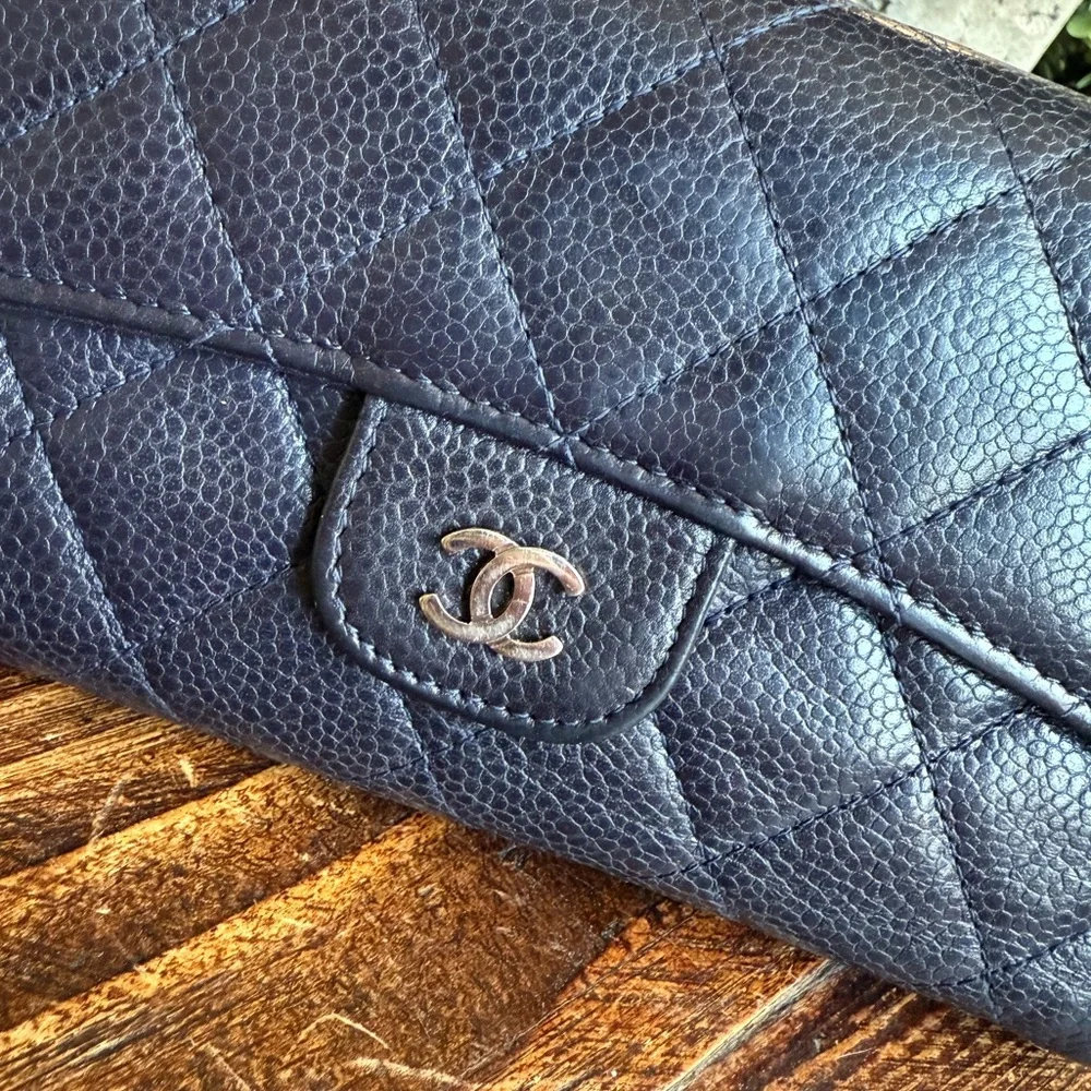 CHANEL Classic L-Flap Caviar Navy Blue Quilted Long Wallet